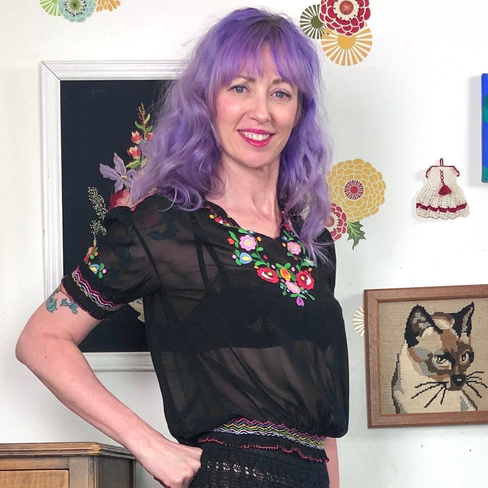 Vintage Embroidered Peasant Blouse, 1970s Sheer Black Rayon Georgette Top, XS-S