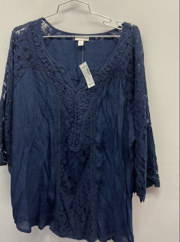 Westport 1962 Women’s Navy Blue Lace 3/4 Sleeve Crochet Trim Blouse NWT Sz 1X