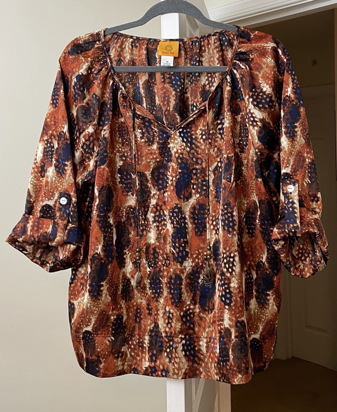Ruby Rd. Top Rust Bohemian Feather Tassels Coastal Cowgirl Women’s 10 Medium