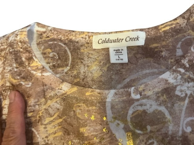 VTG Coldwater Creek Fits Medium Browns Taupe w/ Gold Abstract Knit Tunic Top