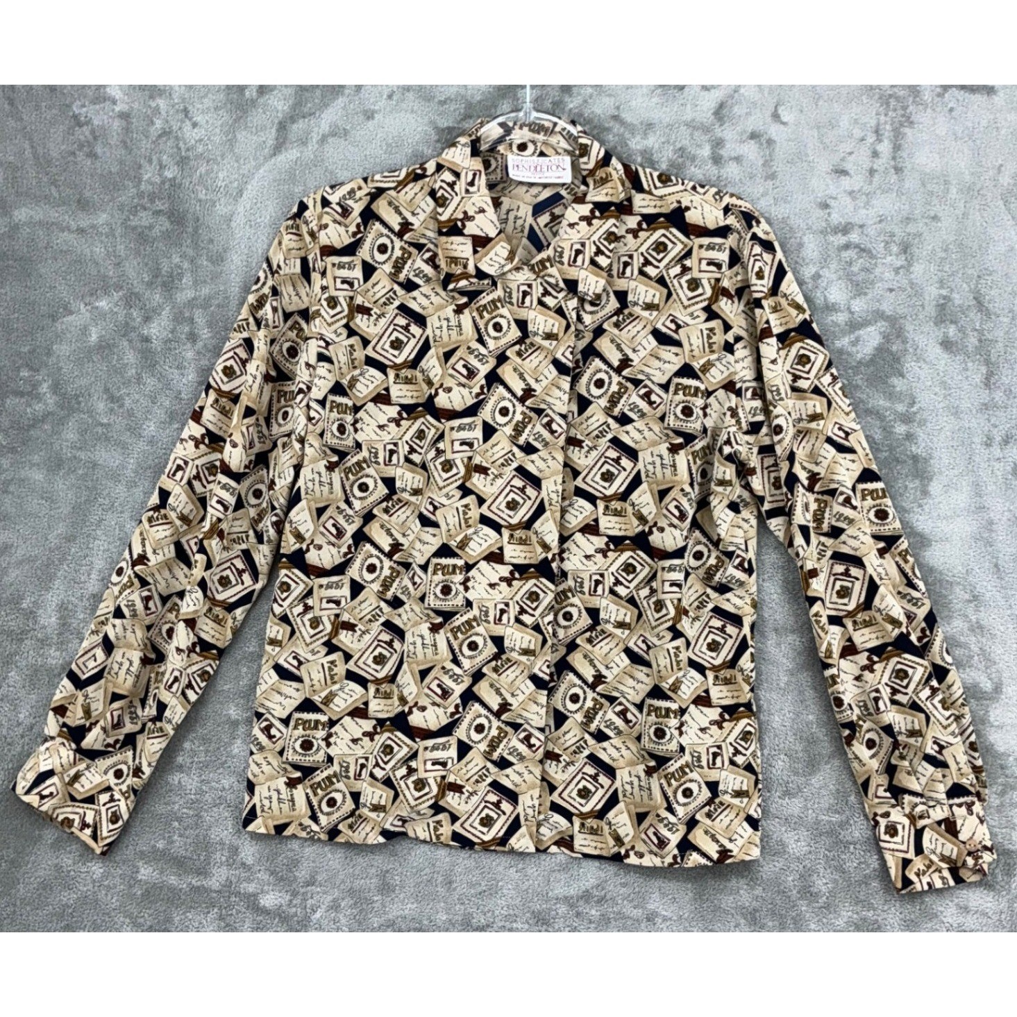 Vintage Pendleton Blouse Womens Large Petite Button Abstract Artsy Career Brown