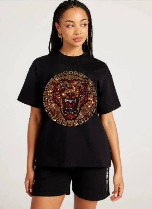New Women Luxury Diamond Tiger Rhinestones Black White T-Shirt High Quality