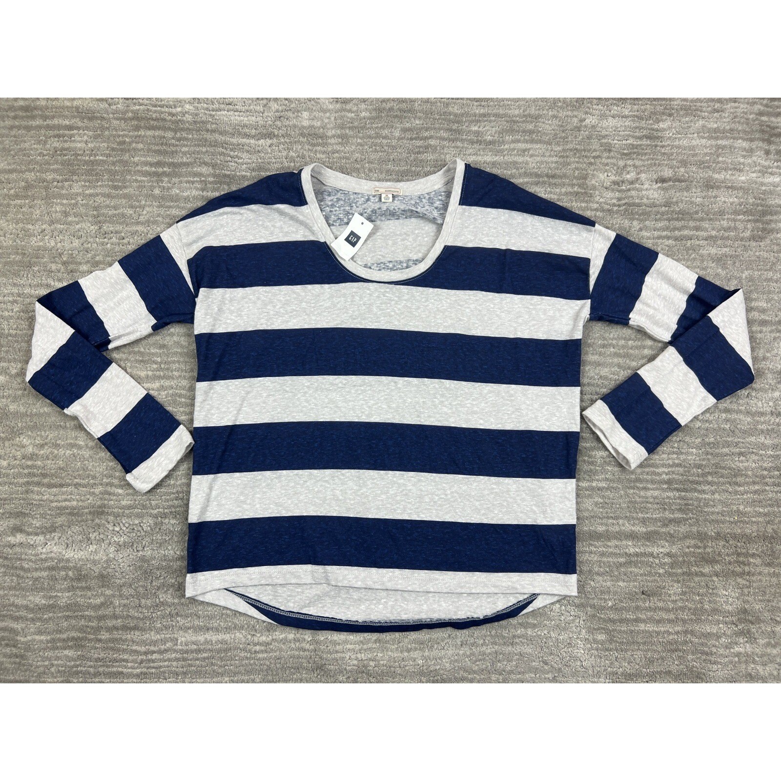 Gap Top Womens XS Petite Blue Grey Striped Scoop Neck Long Sleeve Relaxed Fit