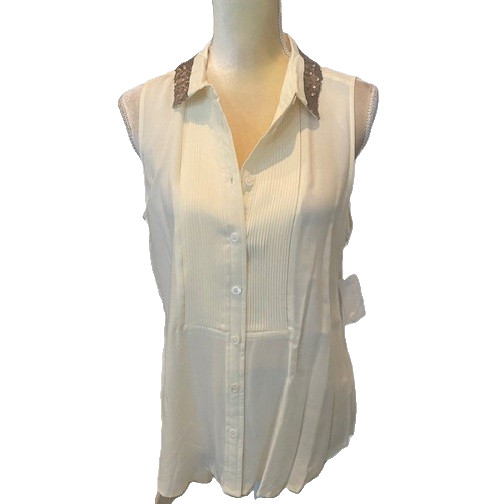 VINCE CAMUTO Ivory Button Down Tuxedo Pleats Shirt, Gold Sequins on Collar L NWT