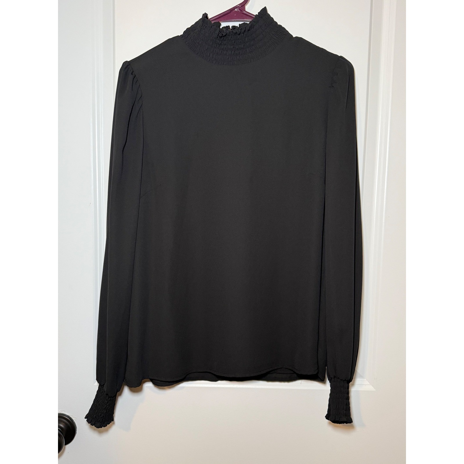 Alex Marie Women Black Smocked Mock Neck Long Sleeve Blouse Small