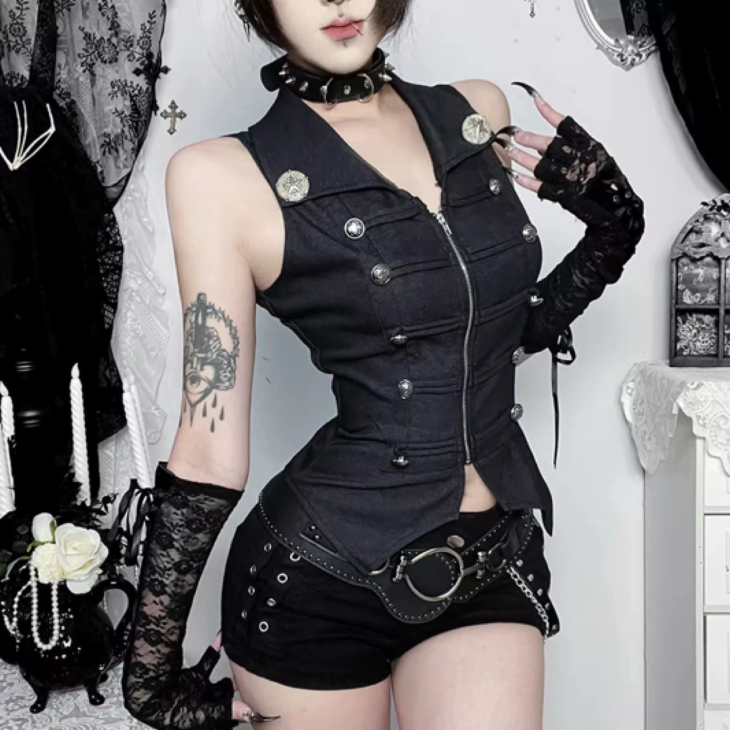 Washed Black Gothic Punk Vest with Silver Buttons & Zipper | GOTH TOP 🔥