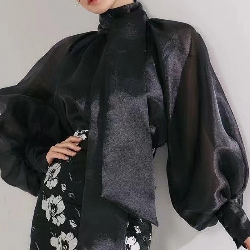 Women’s Puff Sleeves High Neck Bow Shirt Blouse Pullover See-through Tops Party