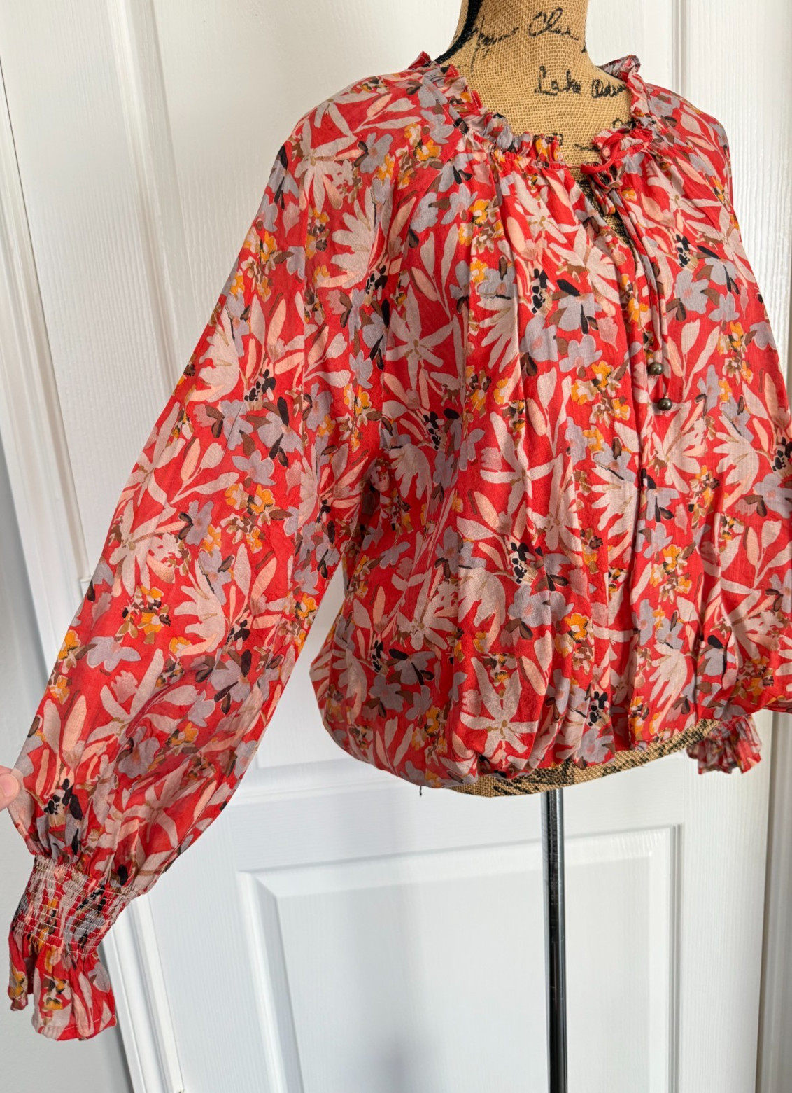 Entro Top Long Balloon Sleeve Floral V-Neck Tassel Elastic Waist Ruffle Boho M L