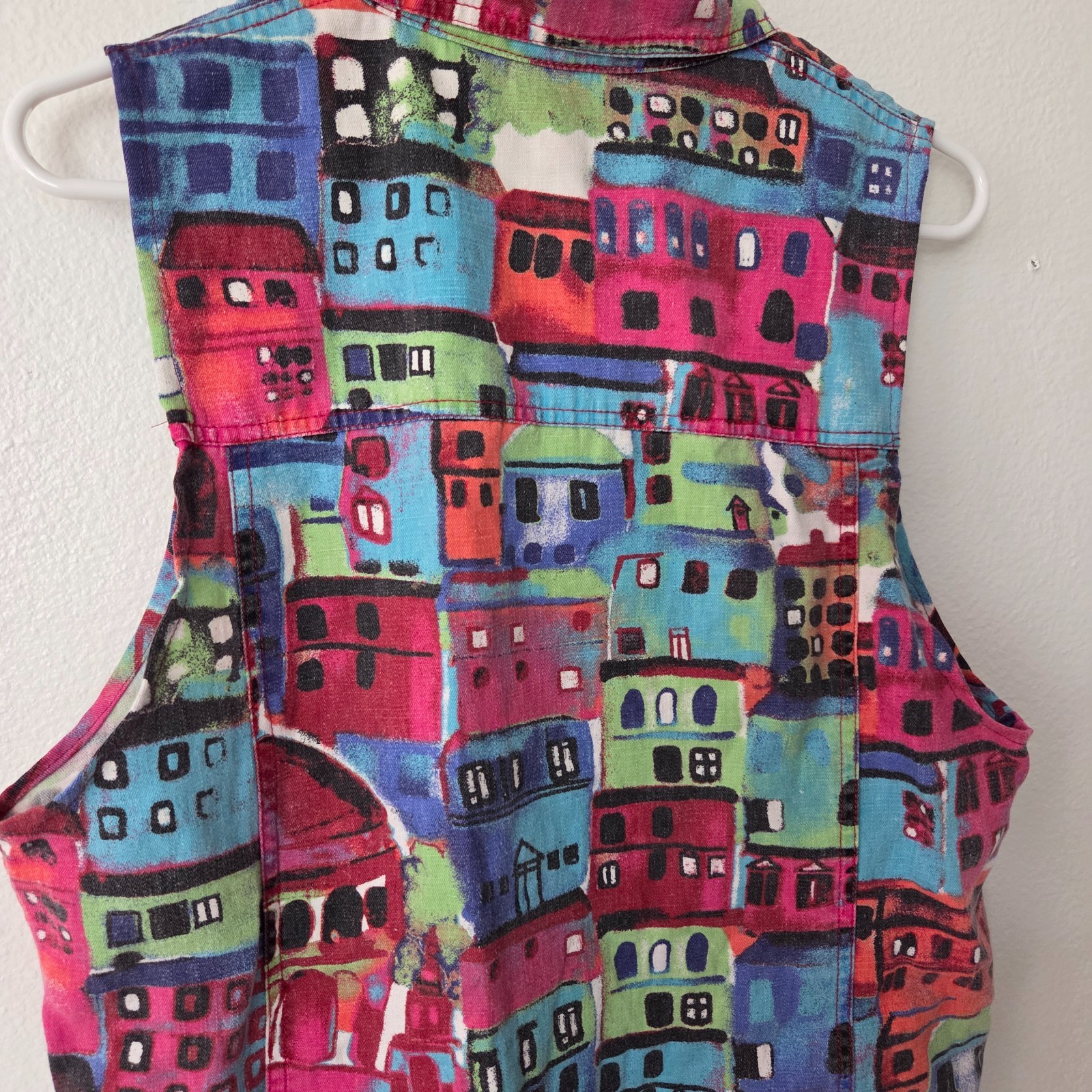 Vtg Chico’s Sleeveless Jacket Vest Vibrant Multicolored Big City Print Size 1