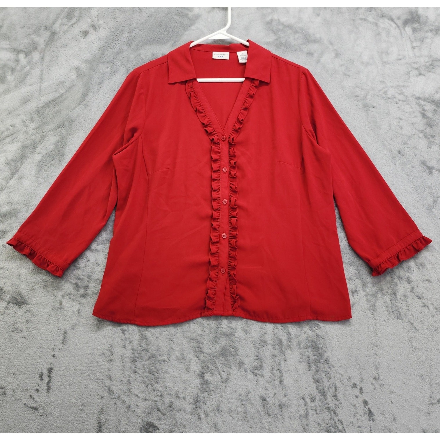 Vintage 90s Covington Top Womens L Red V-Neck Ruffled 3/4 Sleeve Button Up