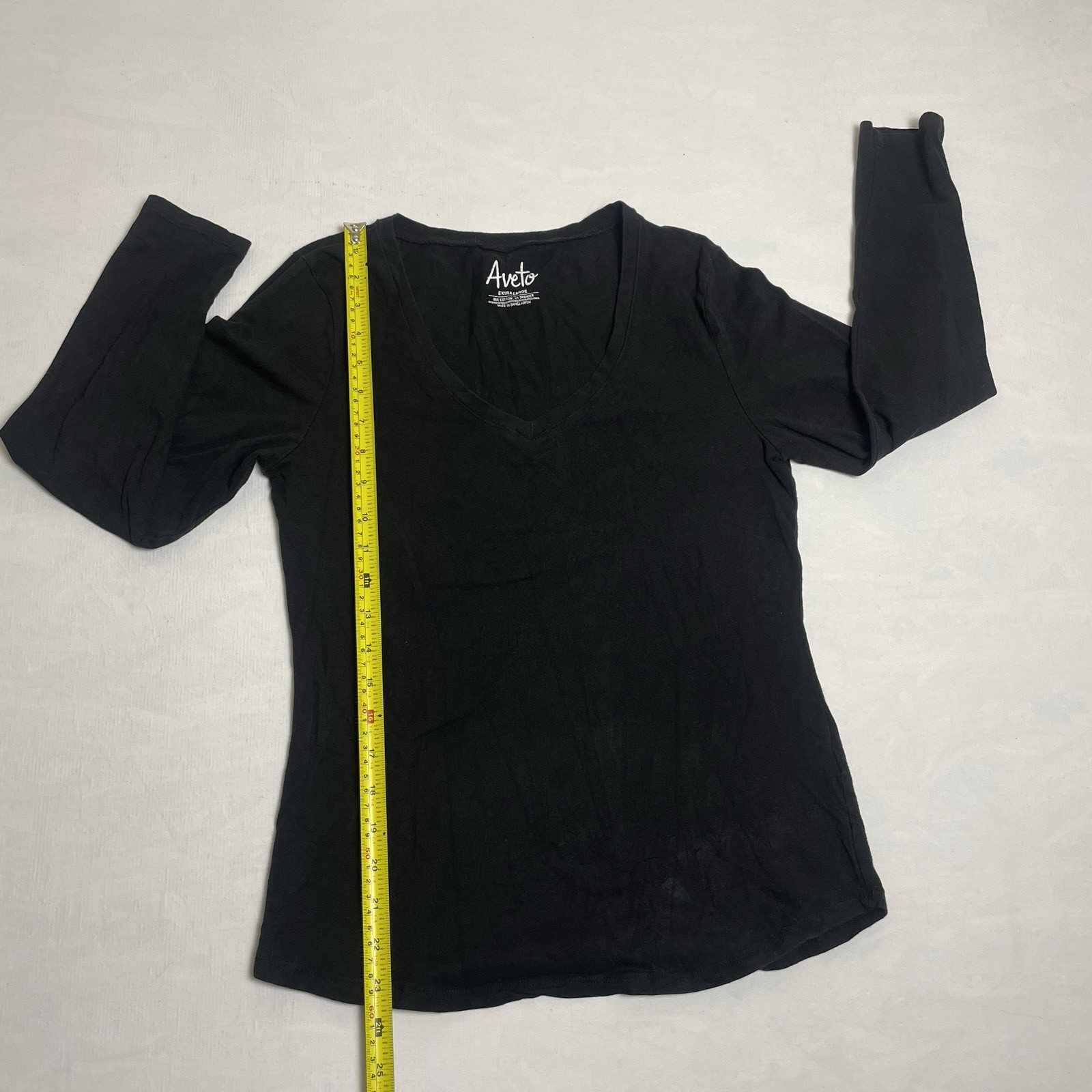 Aveto Womans Blouse Top Black Solid Large Cotton Blend Short Sleeve V Neck