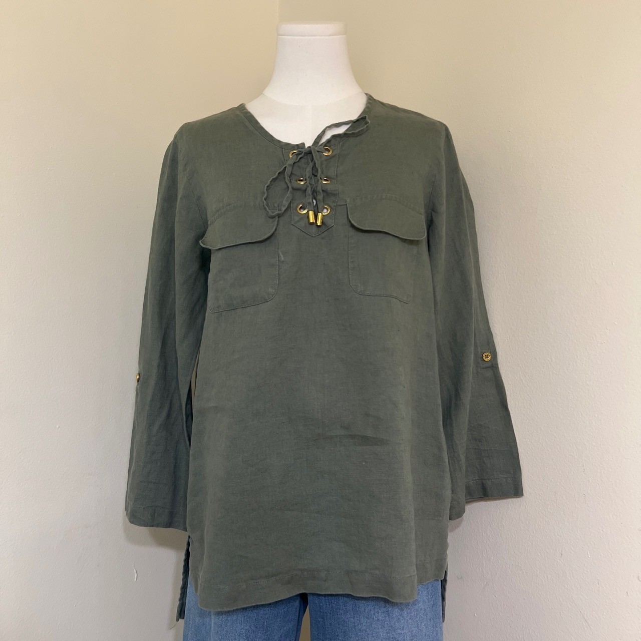 Company Ellen Tracy Womens 100% Linen Lace Up Tunic Top Olive Green Caper S
