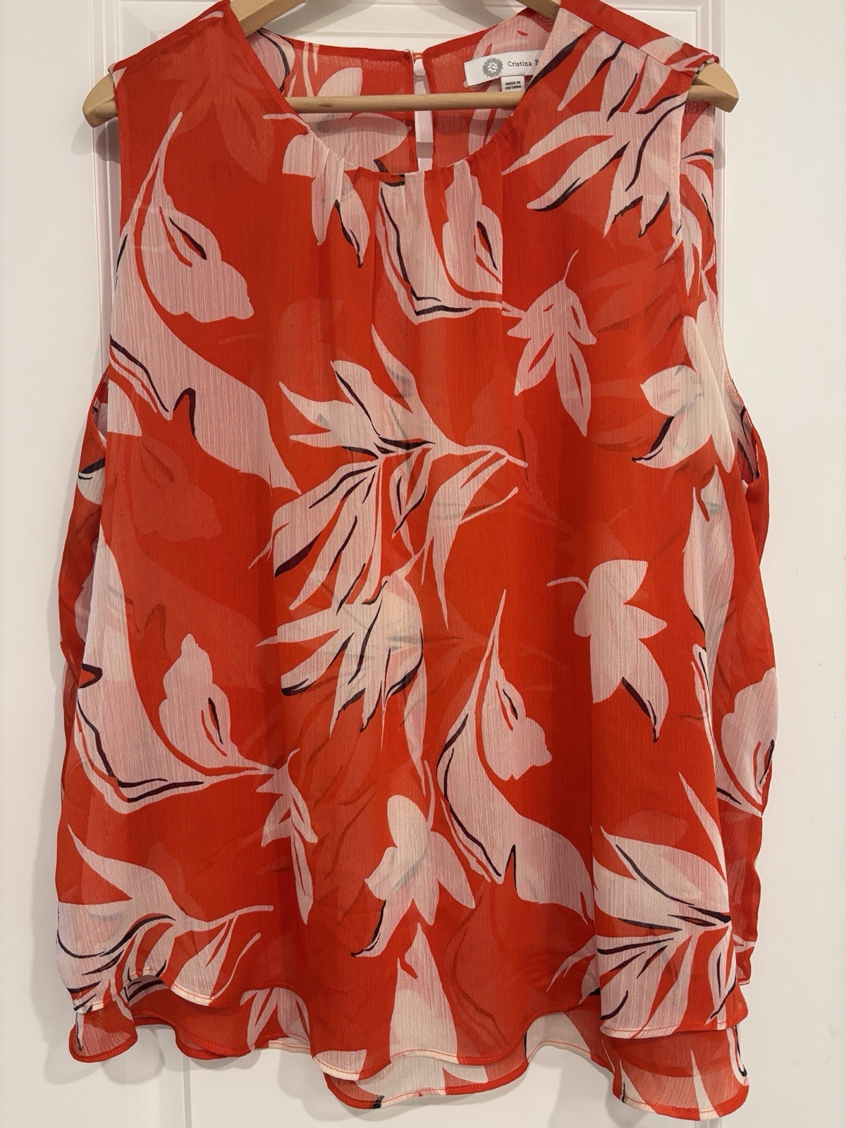 Cristina B XXL Orange White Floral Sleeveless Round Neck Pullover Blouse