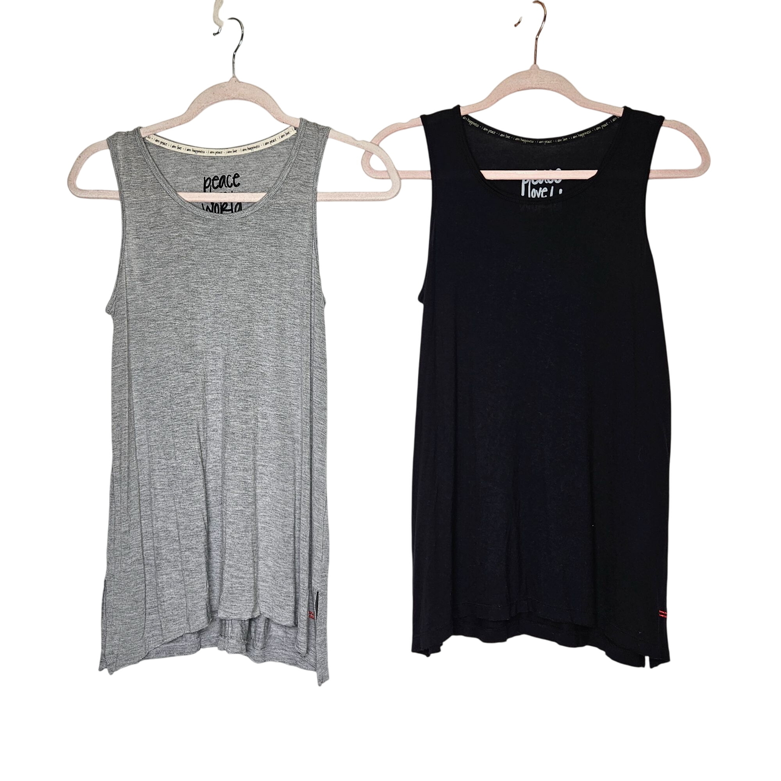 Two Womens Sleeveless Tunic Tanks Gray & Black XS Peace Love Happiness