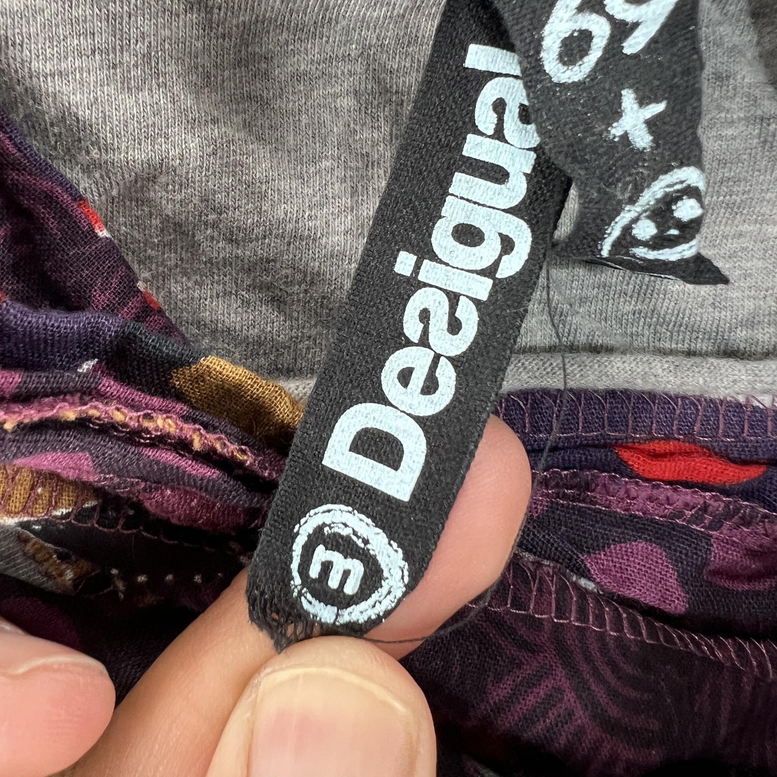 Desigual Shirt Womens Medium Gray Cowl Neck Floral Graphic Applique Top