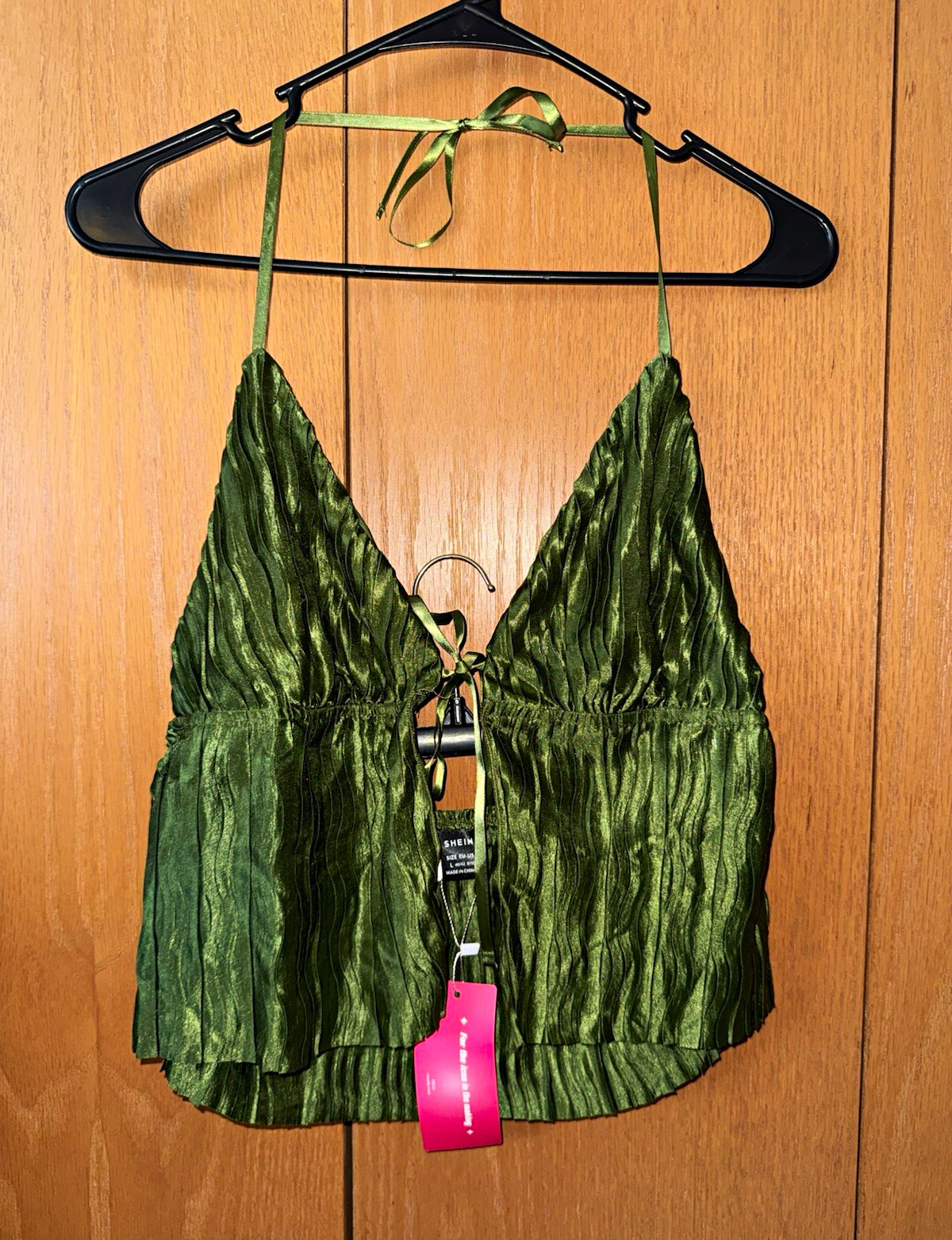 SHEIN Green Satin Pleated Tie-Front V-Neck Spaghetti Strap Cami Top L