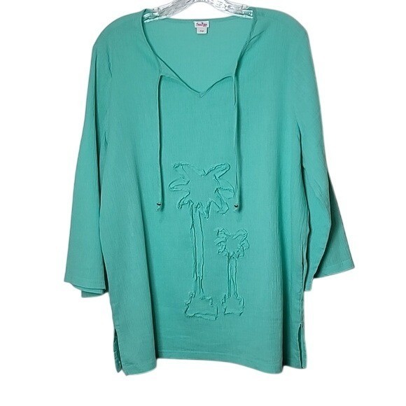 Sun Bay Womens Turquoise Cotton Tunic With Palm Tree Embroidery & Drawstring Nec
