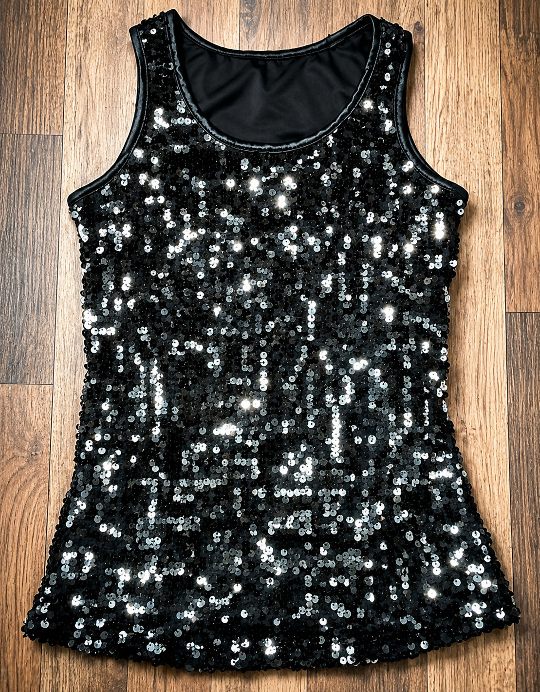 Black Sequin Party Tank Top Womens Small Glitter Clubwear Holiday Stretch Glam