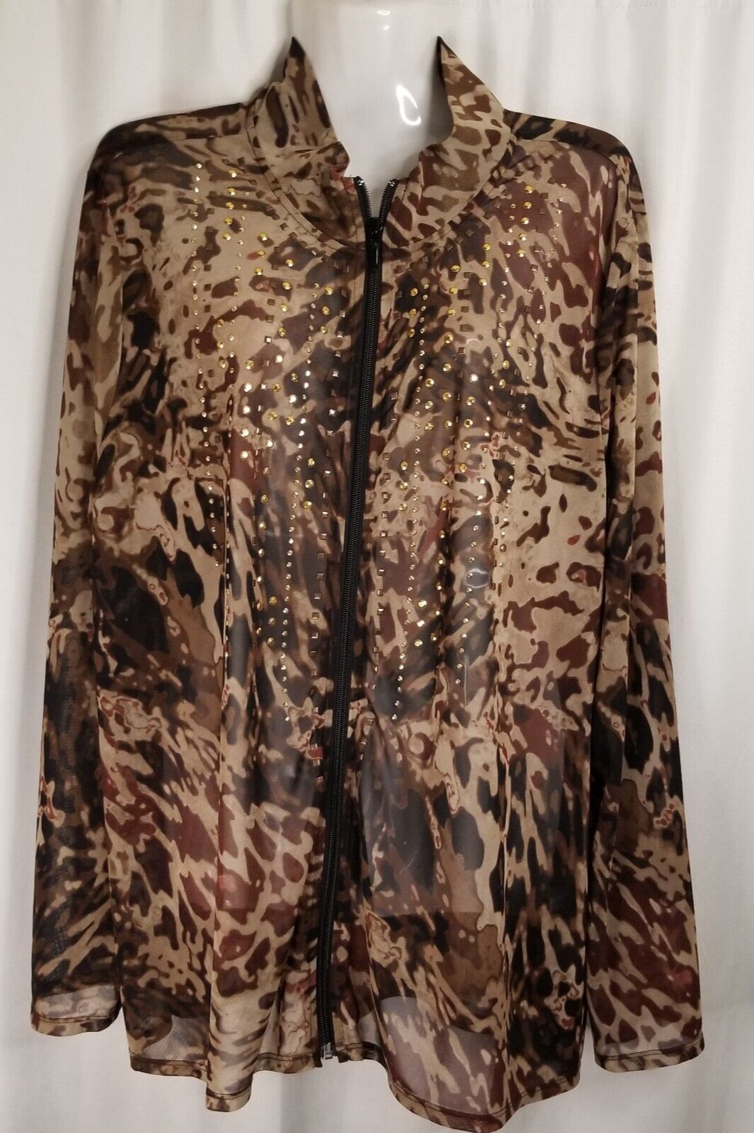 Chico’s Travelers Jacket Animal Print Gold Studded Full Zipper Sheer Size XL