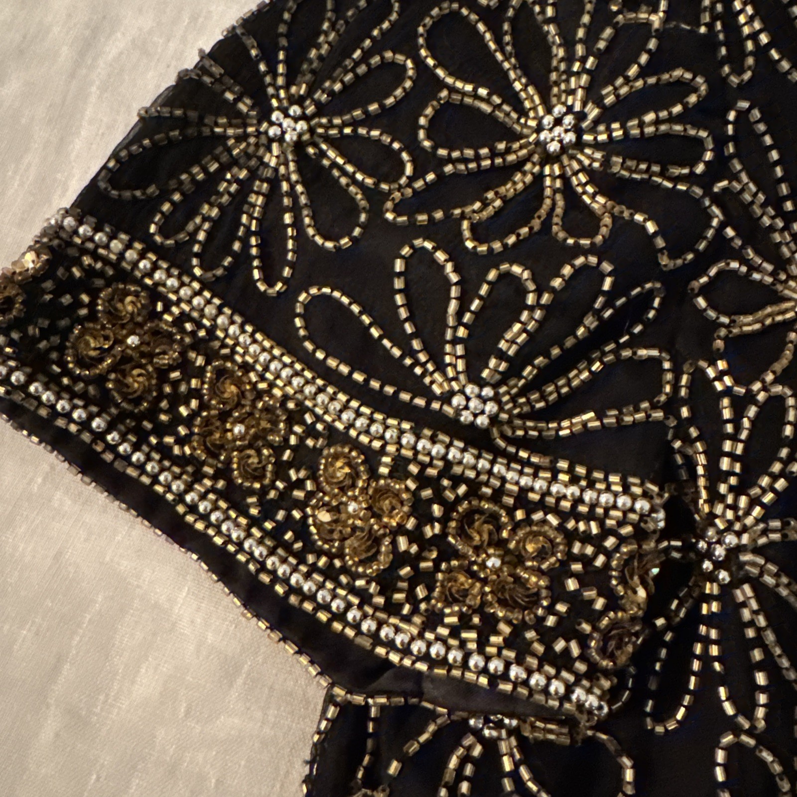 Laurence Kazar Vintage Beaded Silk Top Small Black Gold Sequin Evening Party