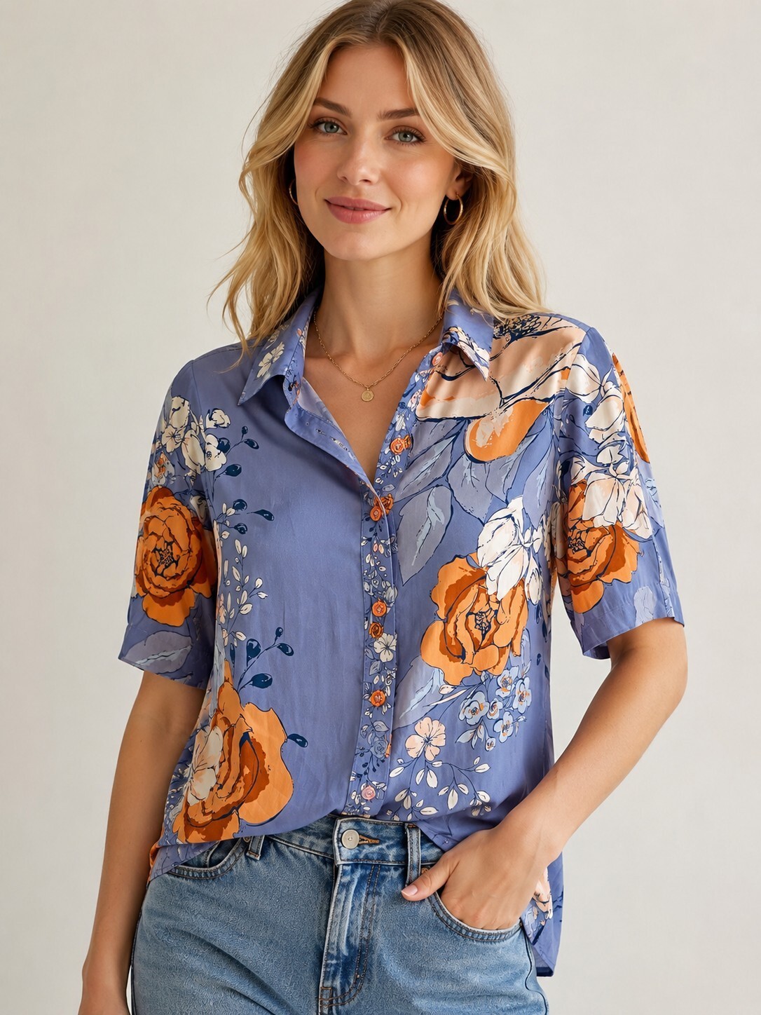 Rachel Zoe Blue Floral Button Front Blouse Women’s Size S Short Sleeve Shirt