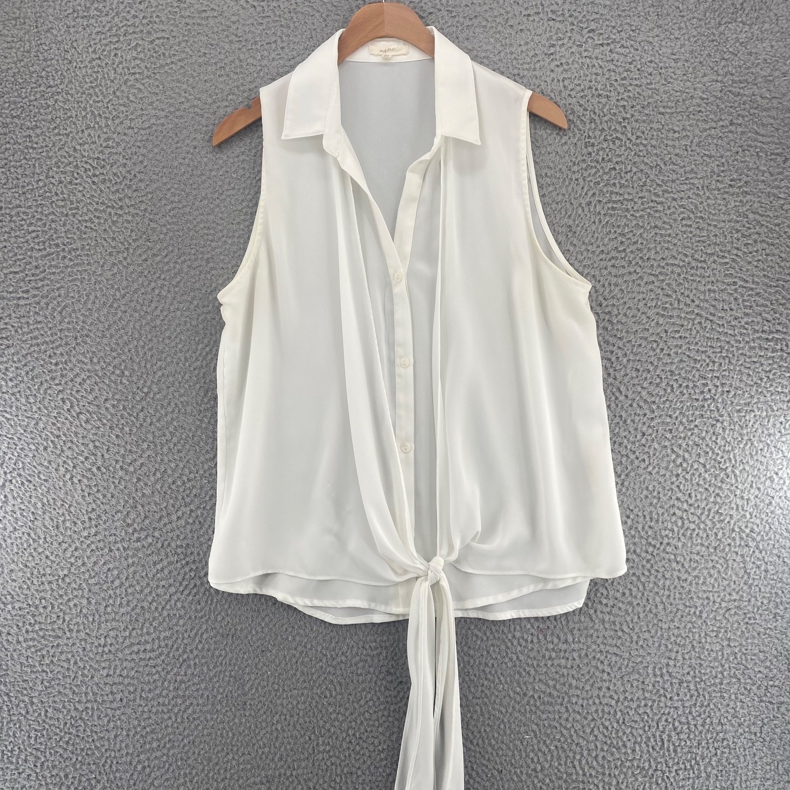 Mystree Top Womens Medium White Button Up Tie Front Sleeveless Collared Blouse