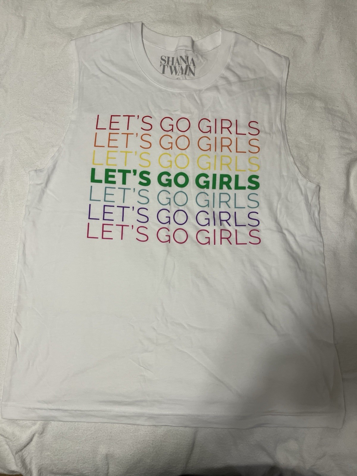 Shania Twain Let’s Go white sleeveless shirt Sz LG New