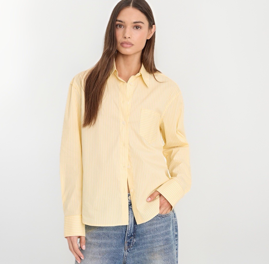 Good American Boxy Classic Poplin Shirt Striped Yellow- size 2 Medium $128 Euc