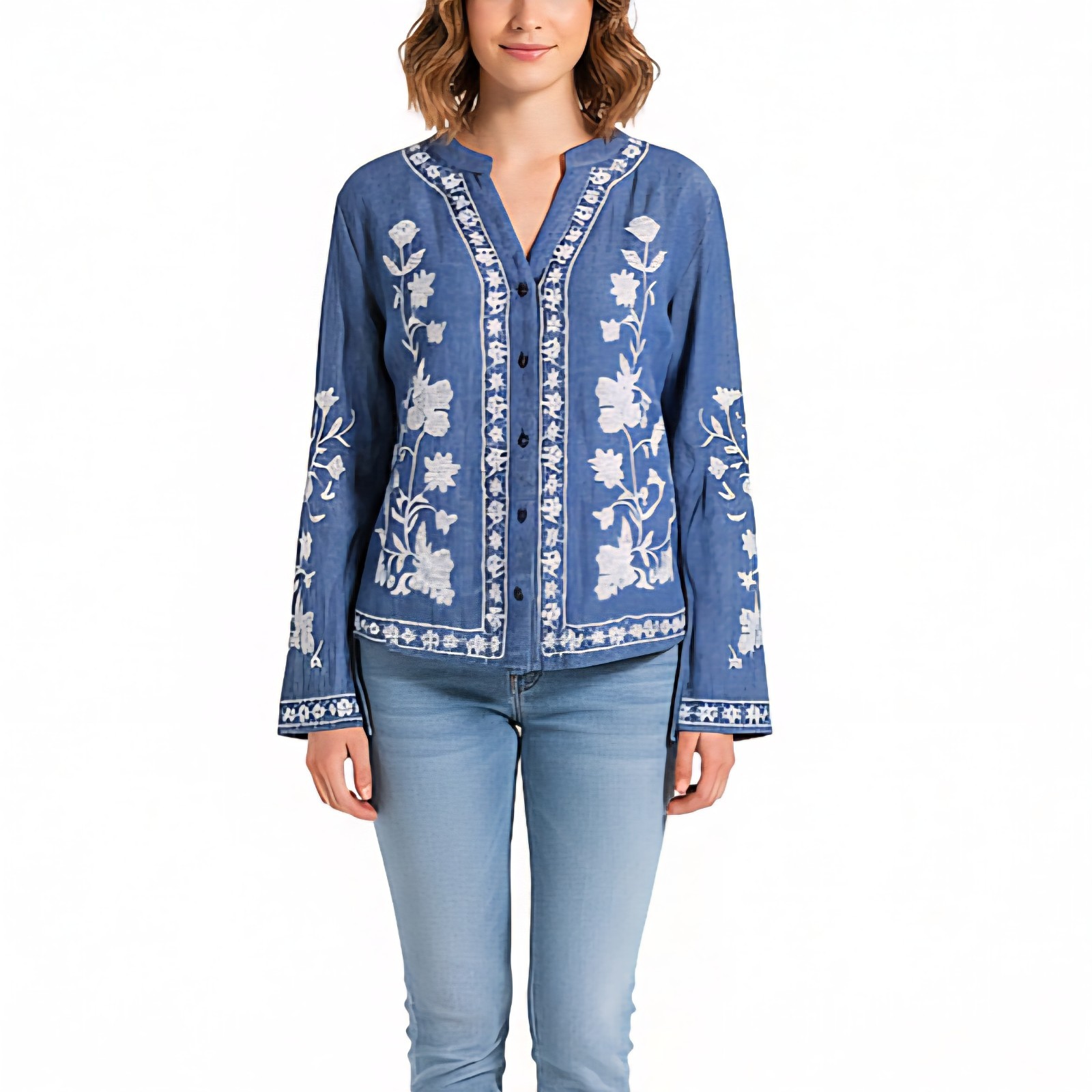 Liv Los Angeles Boho Floral Embroidered Blue Top Womens Size PL