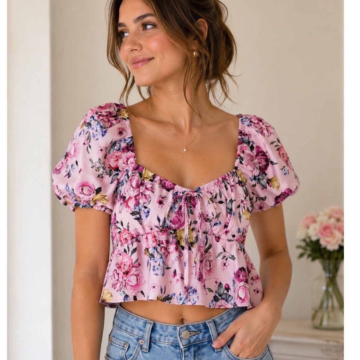 Blue Rain Pink Floral Babydoll Crop Top Sweetheart Tie Front Puff Sleeve L
