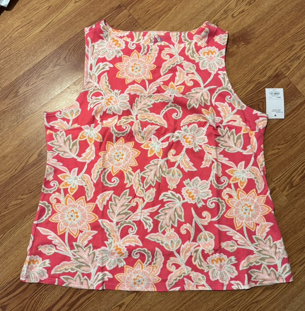 Plus Size Croft & Barrow Floral Bateau Neck Tank Top Coral Pink 3X Cotton New