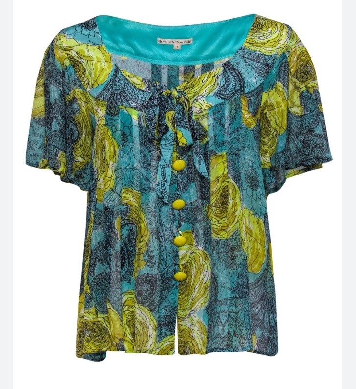 Nanette Lepore SILK Roses Blouse Flutter Sleeve Buttons Bow Lime Aqua SIZE 10 Lg