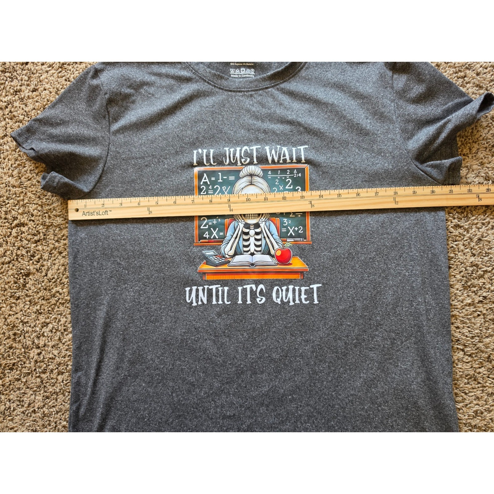 SHEIN XL Dark Heather Grey Skeleton Teacher Graphic T-Shirt I’ll Just Wait Quiet