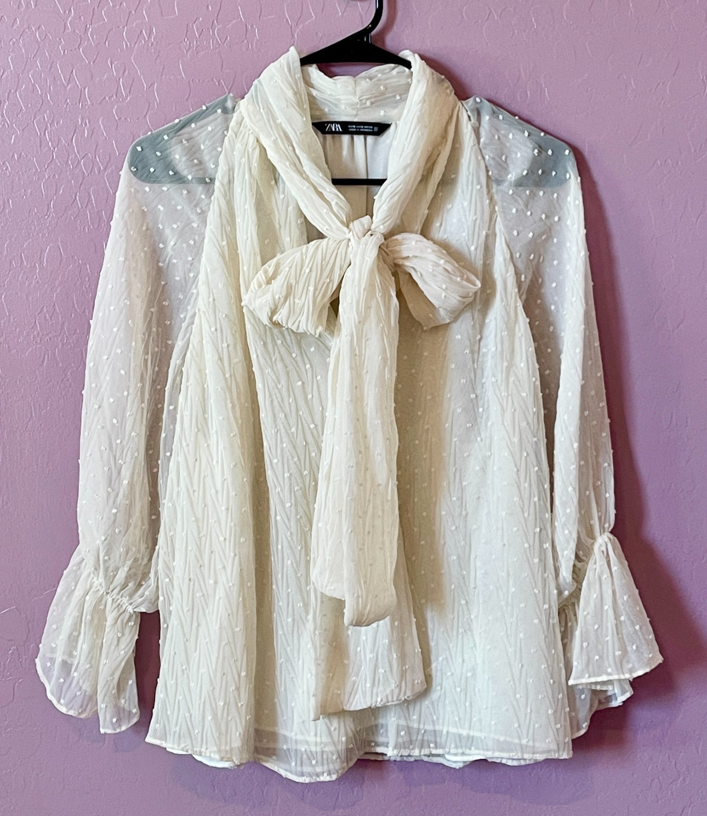 Zara Ivory Swiss Dot Embroidered Chiffon Bow Neck Tie Blouse Women’s- S