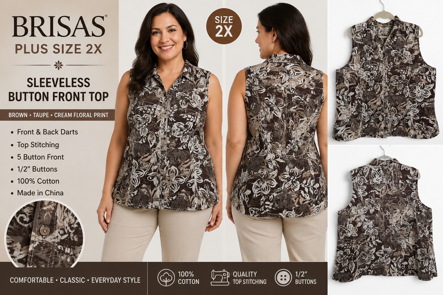 Brisas Women’s Plus 2X Floral Sleeveless Button Front Cotton Blouse Top