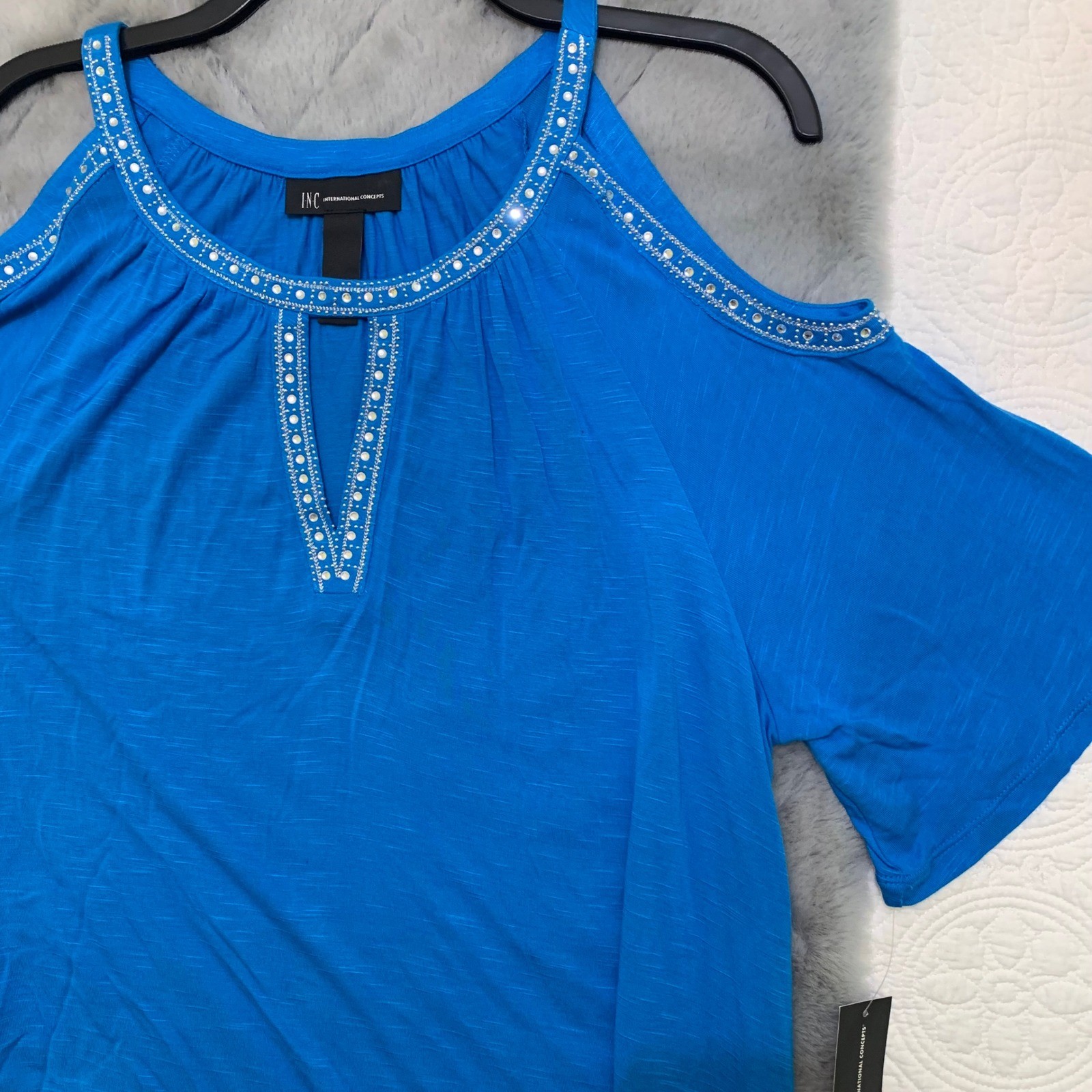 INC International Concepts Women XL Blue Cold Shoulder Rhinestone Top New w/Tags