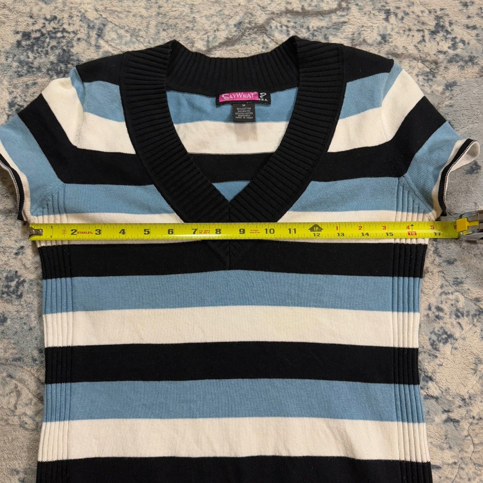 Y2K Say What 90s Vtg Blue White Blk Striped Short Sleeve Sweater 2000s Preppy M