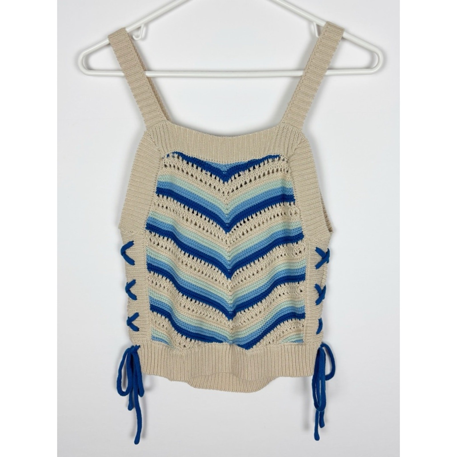 BCBGeneration CottonLace-Up Side Crochet Tank Size Small Cream Blue