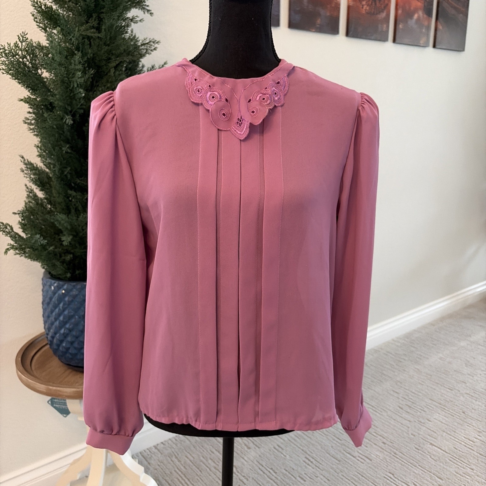 166 One Sixty Six VTG 80s Women’s Top Blouse Purple Large Pin Tucks Victorian