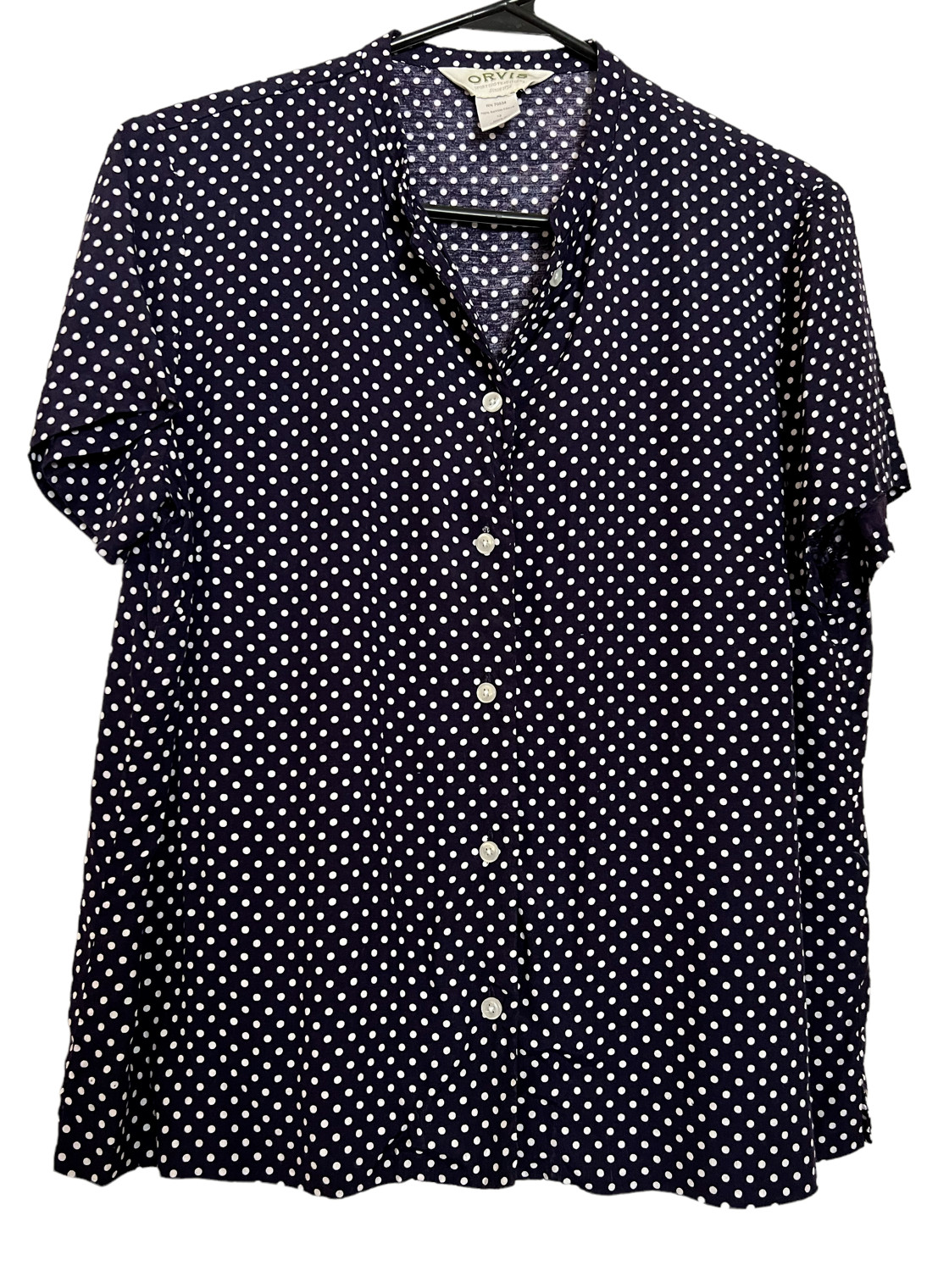 Orvis Ladies Blouse Size 12 – Navy with white dots Short Sleeves