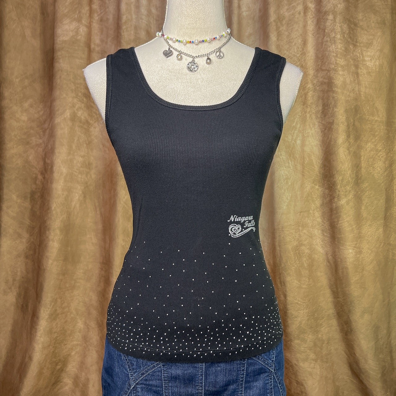 Vintage Y2K Studded Tank Top Niagara Falls Glitter Ribbed Black Sleeveless Indie