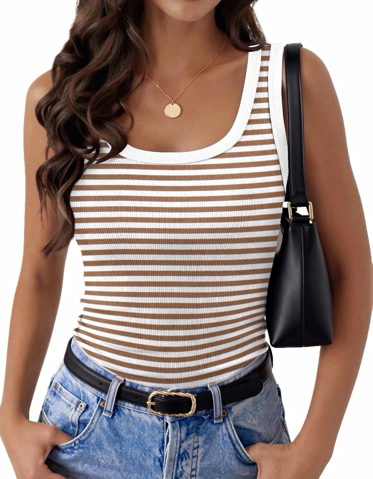 Women’s Brown/White Striped Knit Tank Top M Regular Sleeveless Scoop Neck