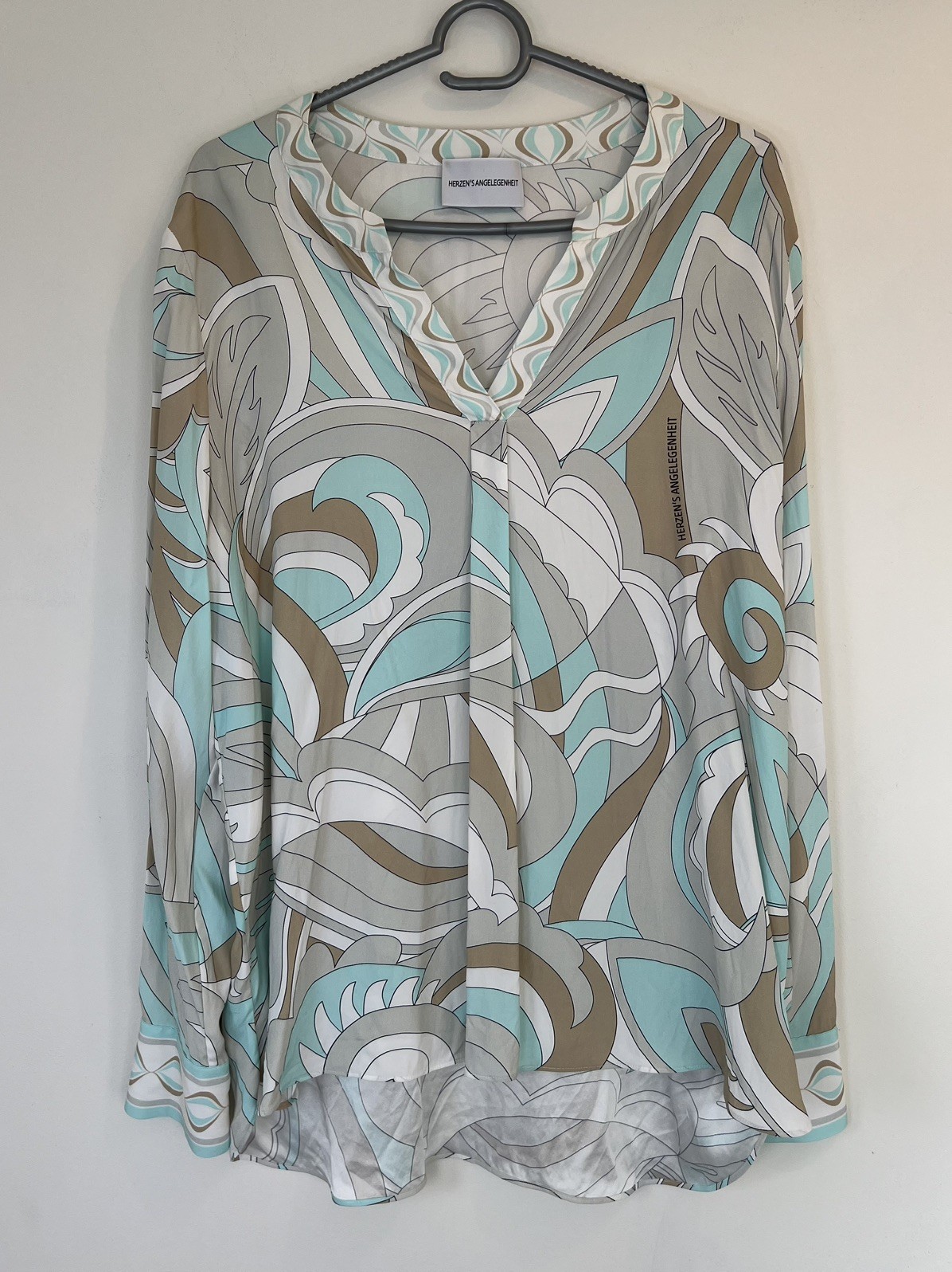 Herzen’s Angelegenheit Silk Blouse Top Geometric Blue Grey 38 (UK 12)