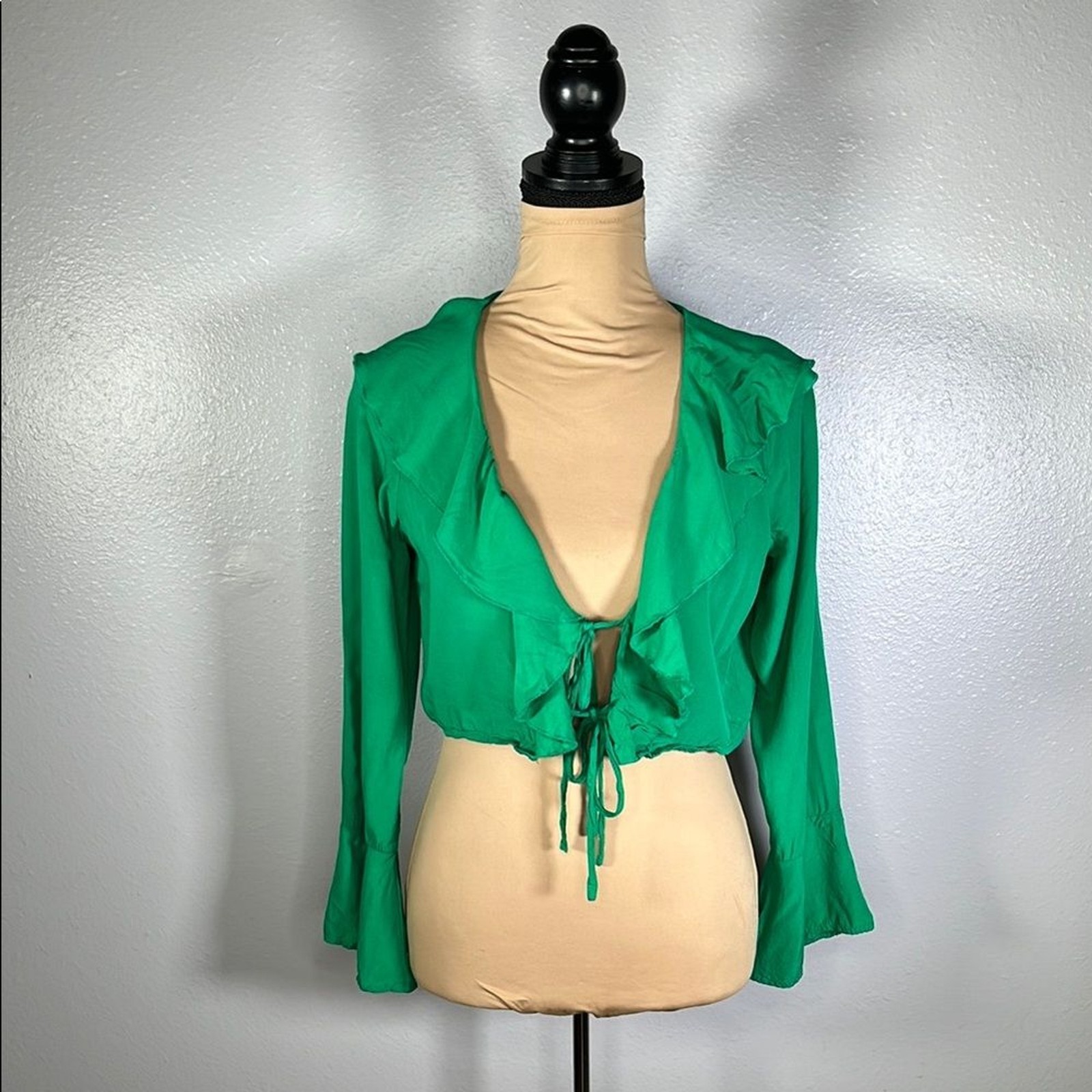 Showpo rumina casual flowy ruffle tie front cropped longsleeve top in green 4