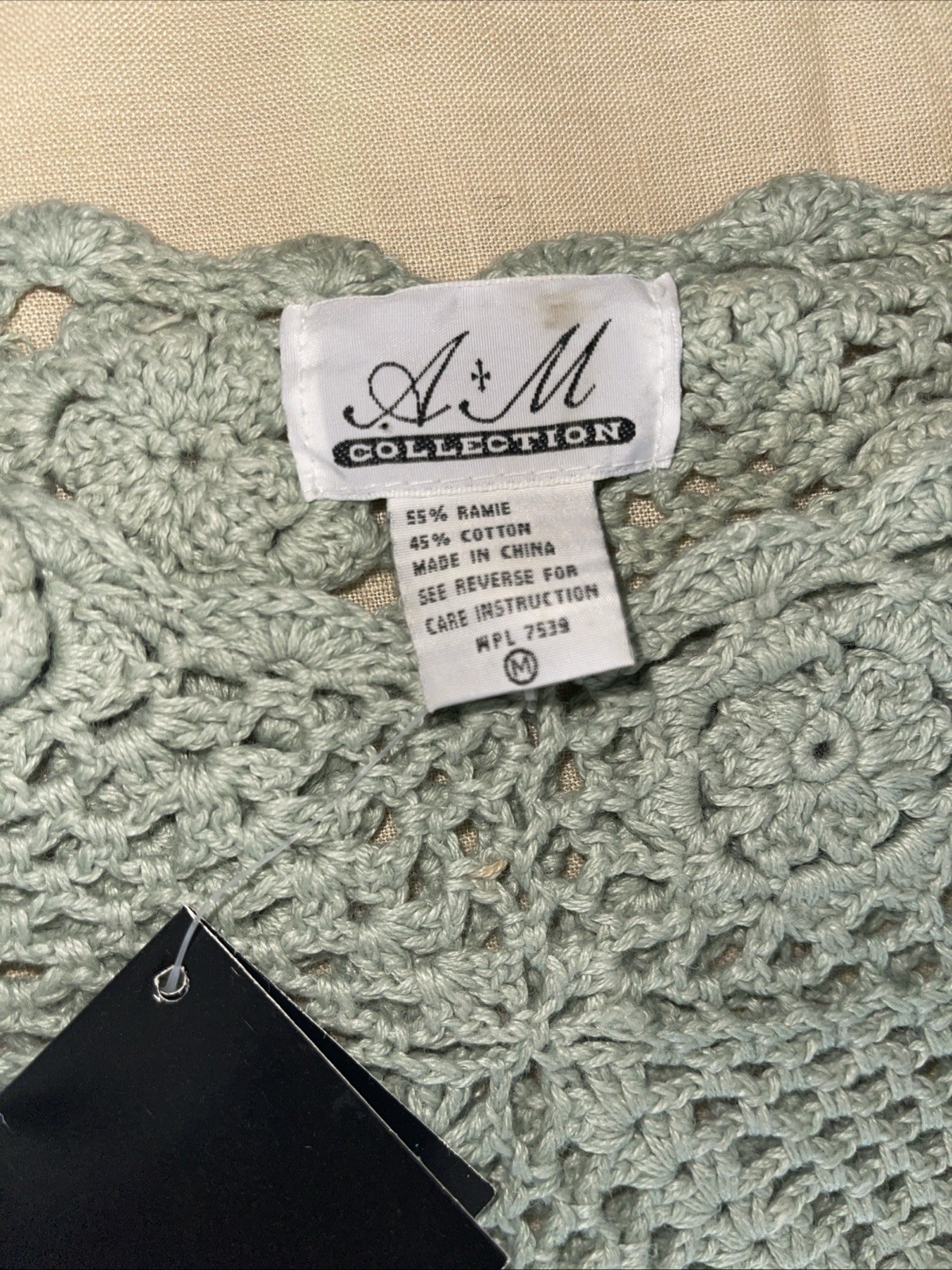 NWT A M Collection Handknit Crochet Ramie Cotton Blouse Sweater Sage Green M