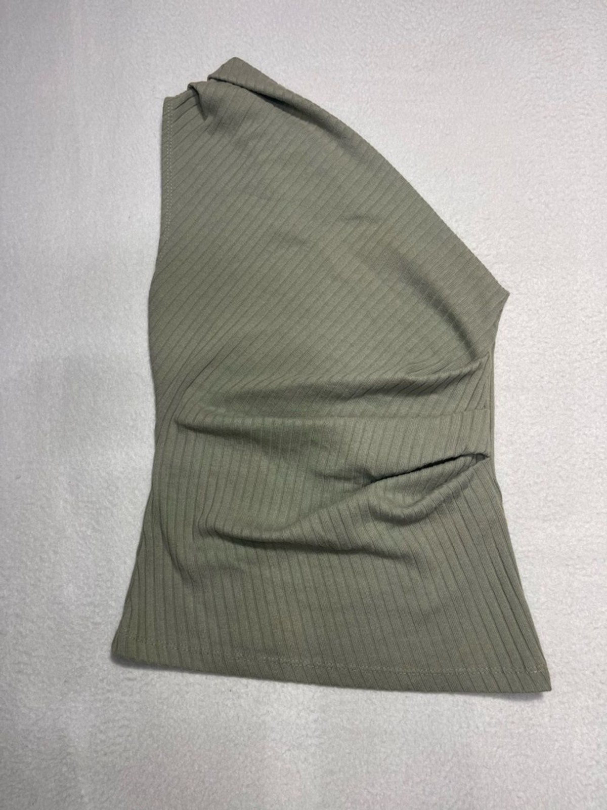 Zara One Shoulder Ribbed Olive Green Ruched Top Women’s Small