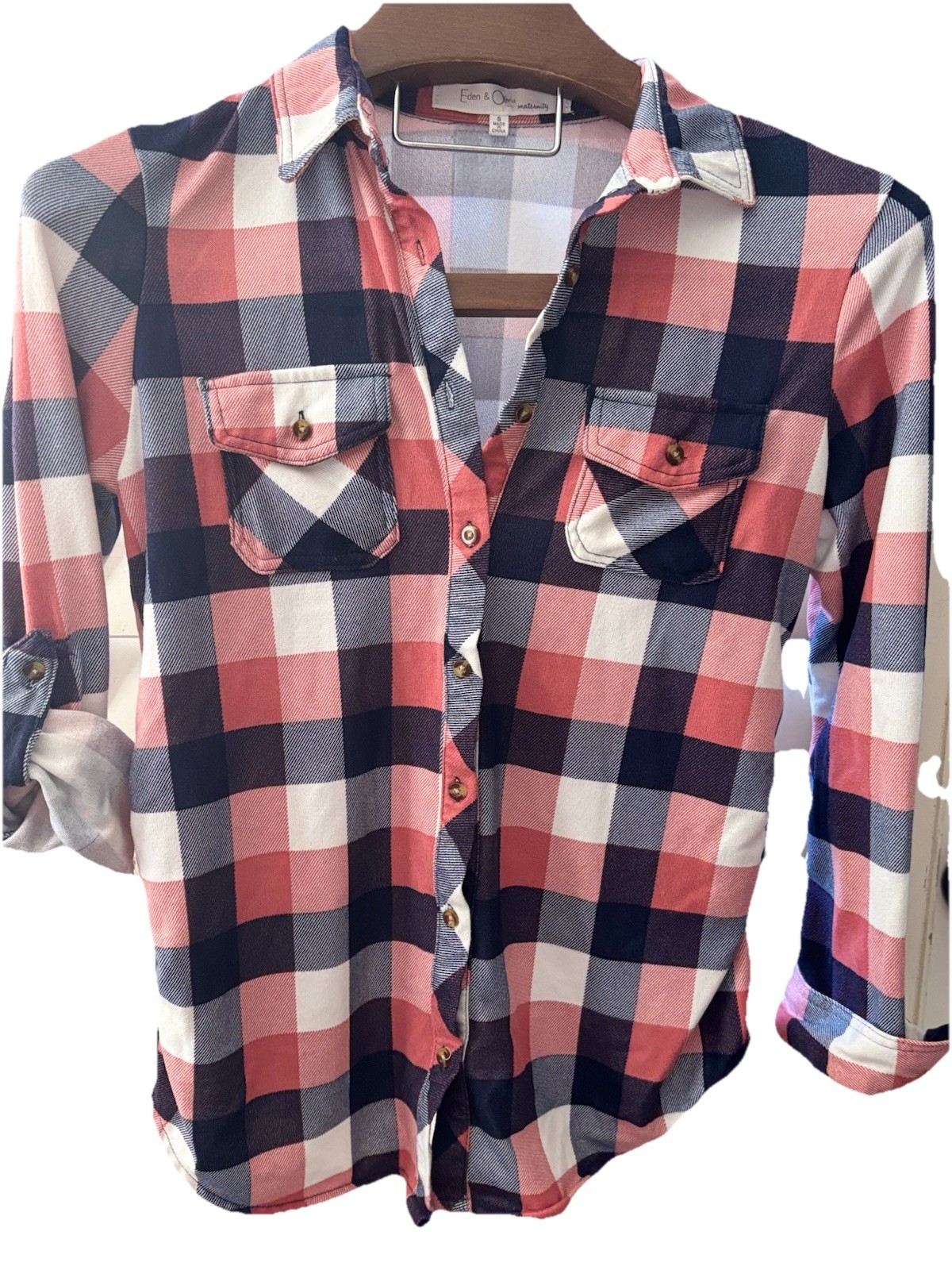 Eden & Olivia Womens Top Shirt Large Maternity Multicolored Plaid Long Sleeves