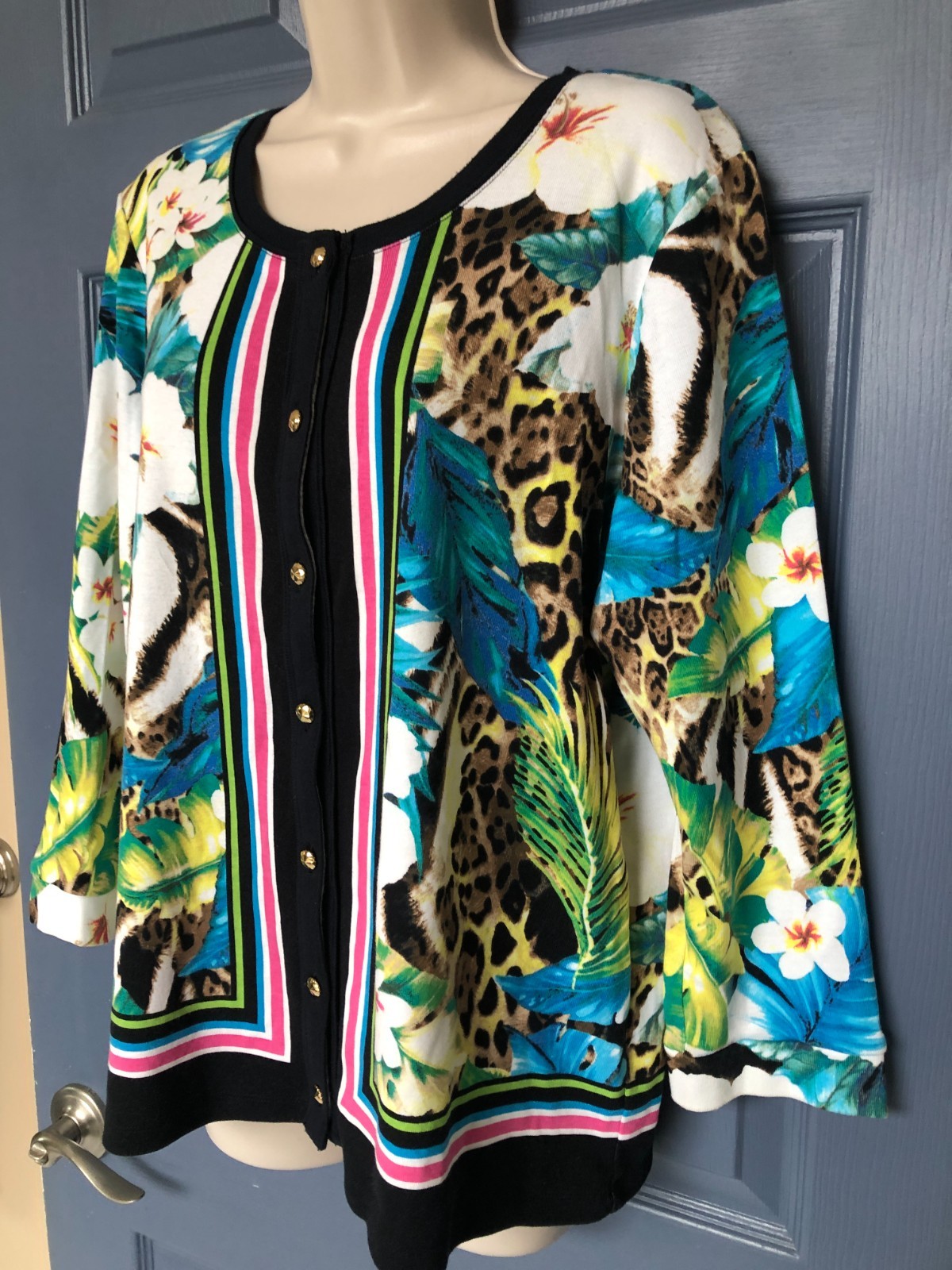Rafaella Studio Size XL Cotton Tropical Floral Animal Print Mix Cardigan Sweater