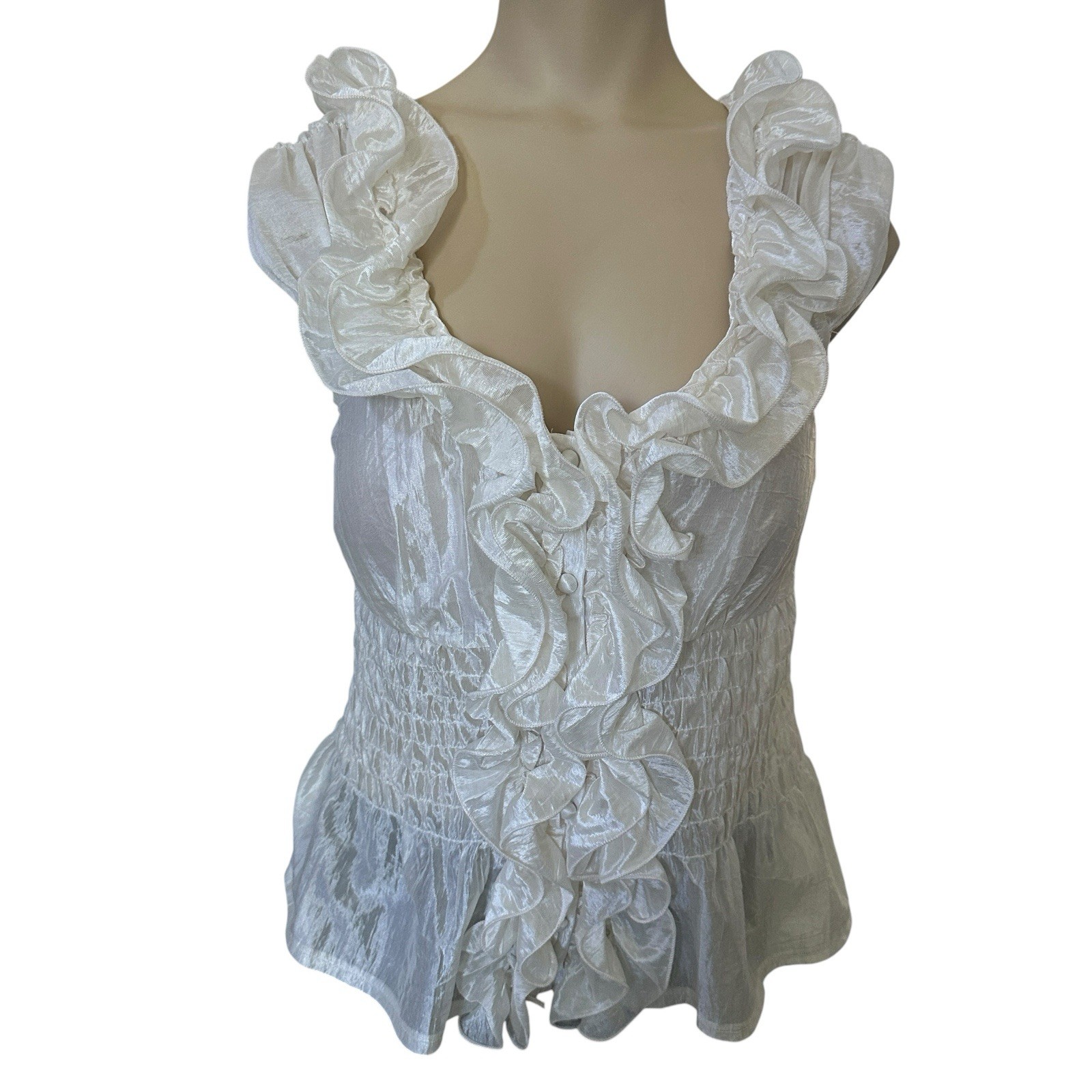 Arden B Top Blouse Women’s Small Ruffled Front Cream Satin Classic Stylish Crisp