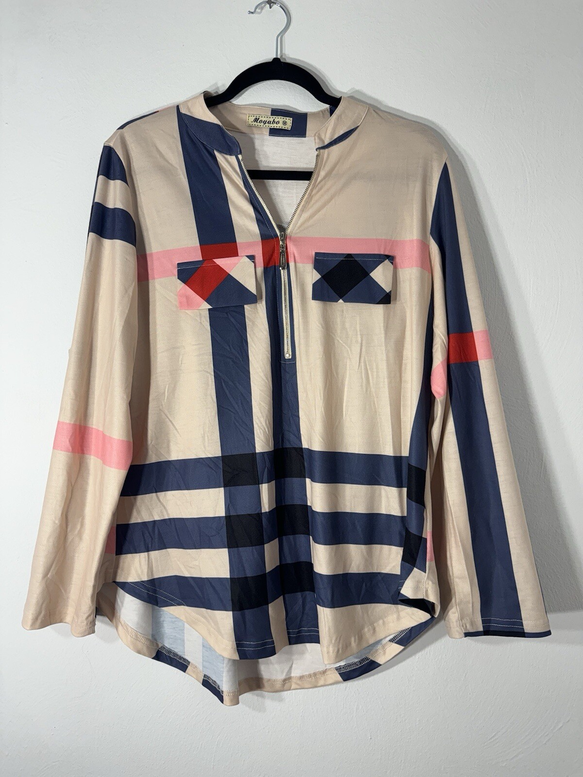 Moyabo Pink/Blue/Red & Ivory Plaid Half Zip Pullover Long sleeve Top, Women’s M